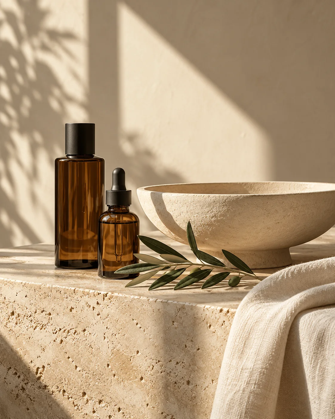 Productos de cuidado y elementos de ritual sobre piedra natural